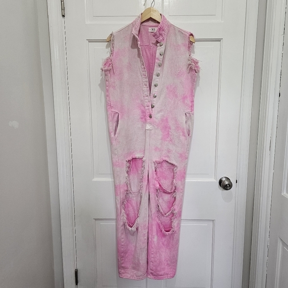 N°1 Los Angeles Pink Acid Wash Distressed Denim Jumpsuit Size S - Picture 5 of 17